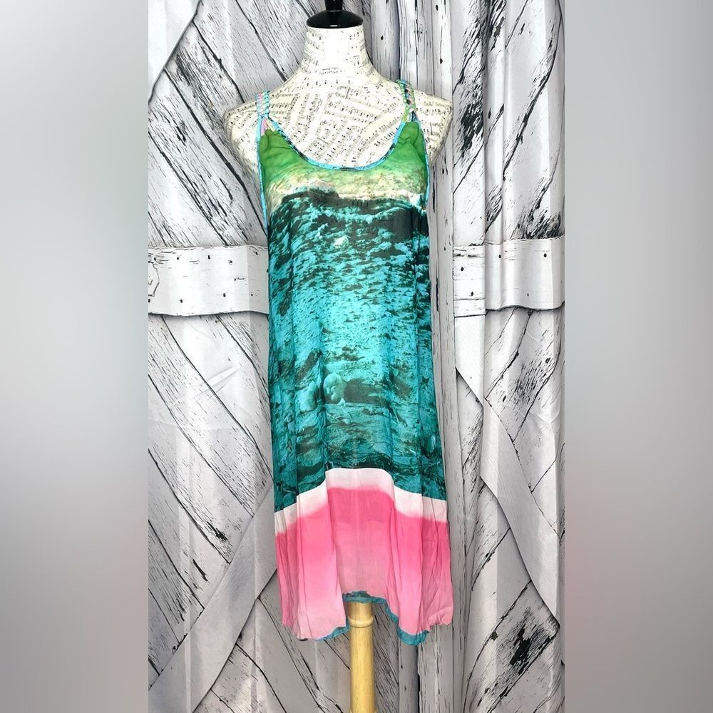 ENTREAGUAS WEARABLE ART GREEN PINK COVERUP DRESS OS